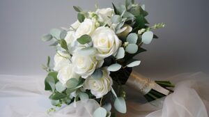 Bouquet eucalipto e rose bianche